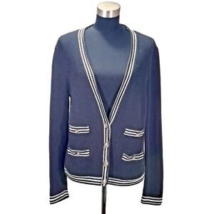 Talbots Petite Navy Blue Ribbed Knit Cardigan Striped Trim Crest Buttons LP